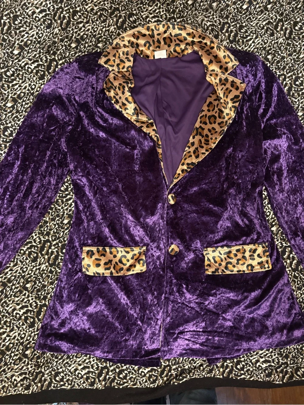 Pimp Costume Purple Velvet Suit Leopard Trim Jacket Pants Hat Men's L No Chain - Picture 7 of 7
